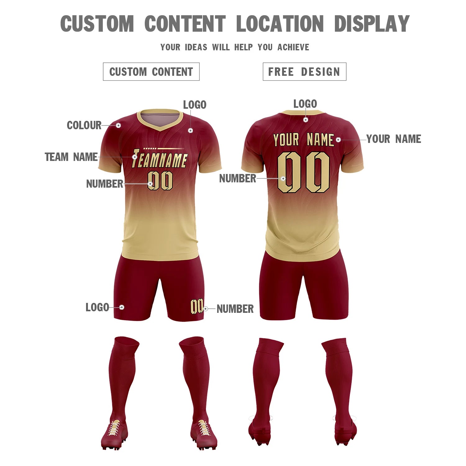 Custom Crimson Khaki Printing Sportswear Soccer Sets Jersey