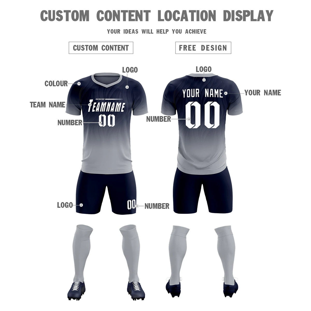 Custom Navy Gray Printing Sportswear Soccer Sets Jersey