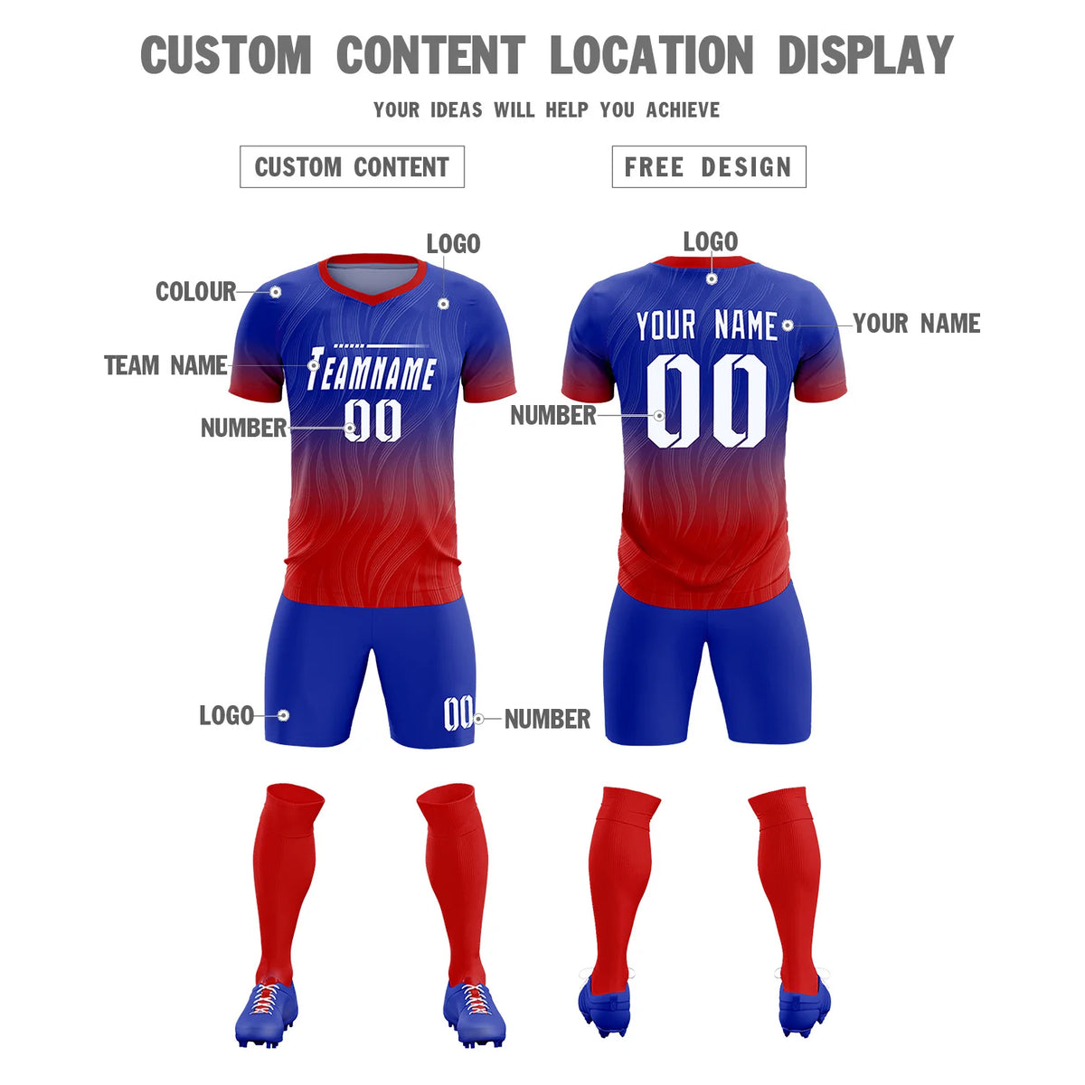 Custom Royal Blue Red Printing Sportswear Soccer Sets Jersey