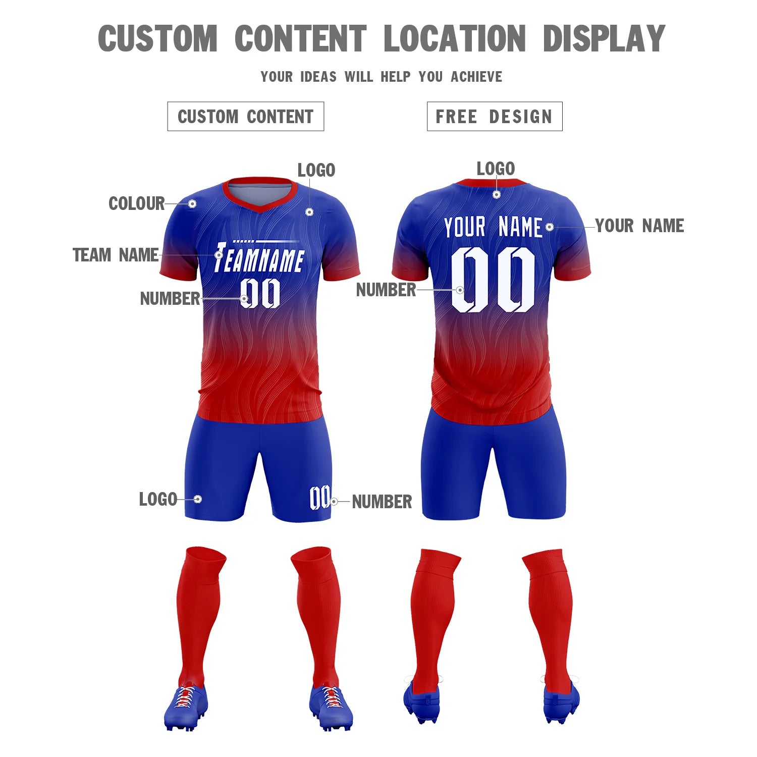 Custom Royal Blue Red Printing Sportswear Soccer Sets Jersey