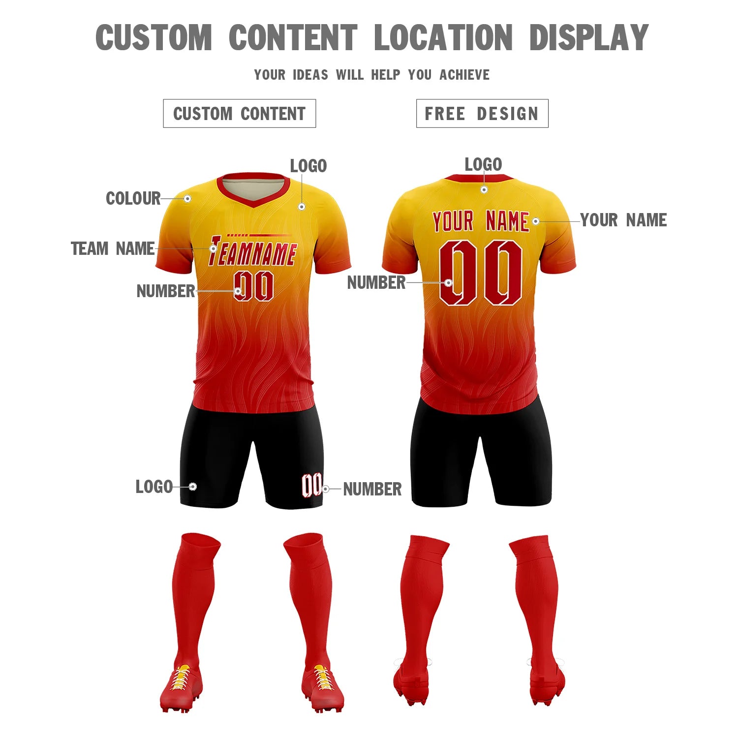 Custom Gold01 Red Printing Sportswear Soccer Sets Jersey