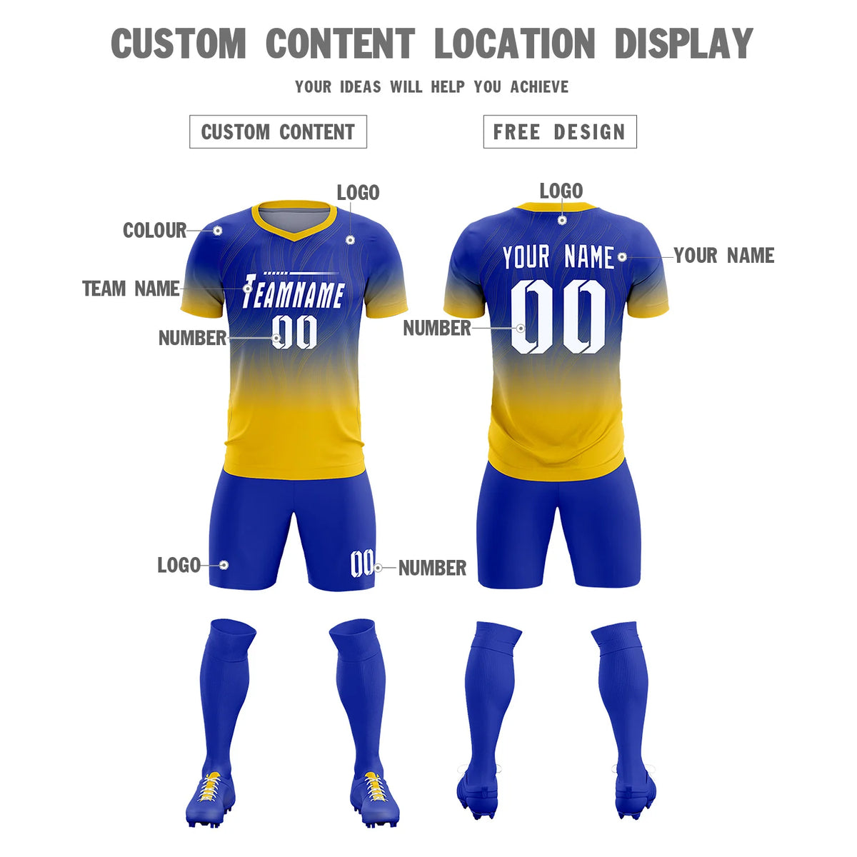 Custom Royal Blue Gold01 Printing Sportswear Soccer Sets Jersey