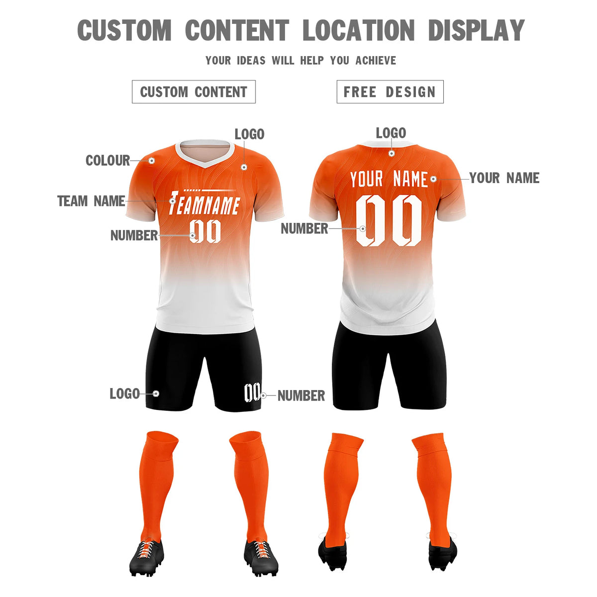 Custom Orange White Printing Sportswear Soccer Sets Jersey