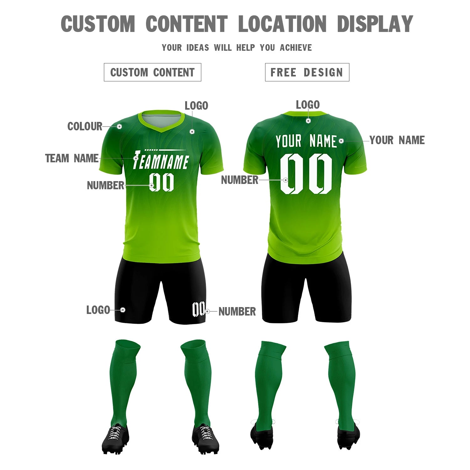 Custom Kelly Green Neon Green Printing Sportswear Soccer Sets Jersey