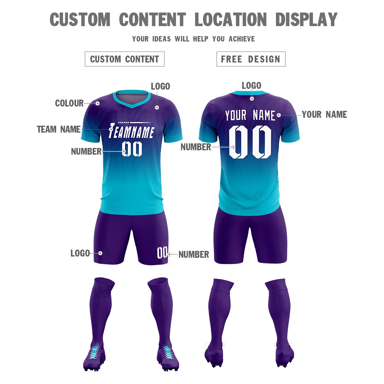 Custom Purple Sky Blue Printing Sportswear Soccer Sets Jersey