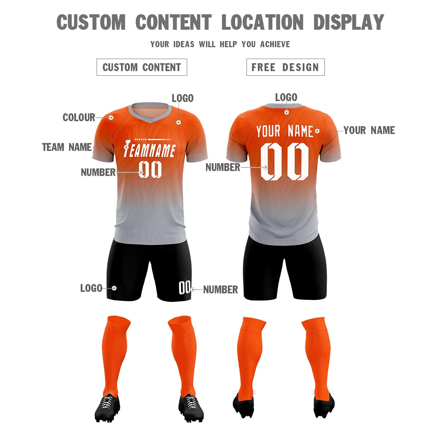 Custom Orange Gray Printing Sportswear Soccer Sets Jersey