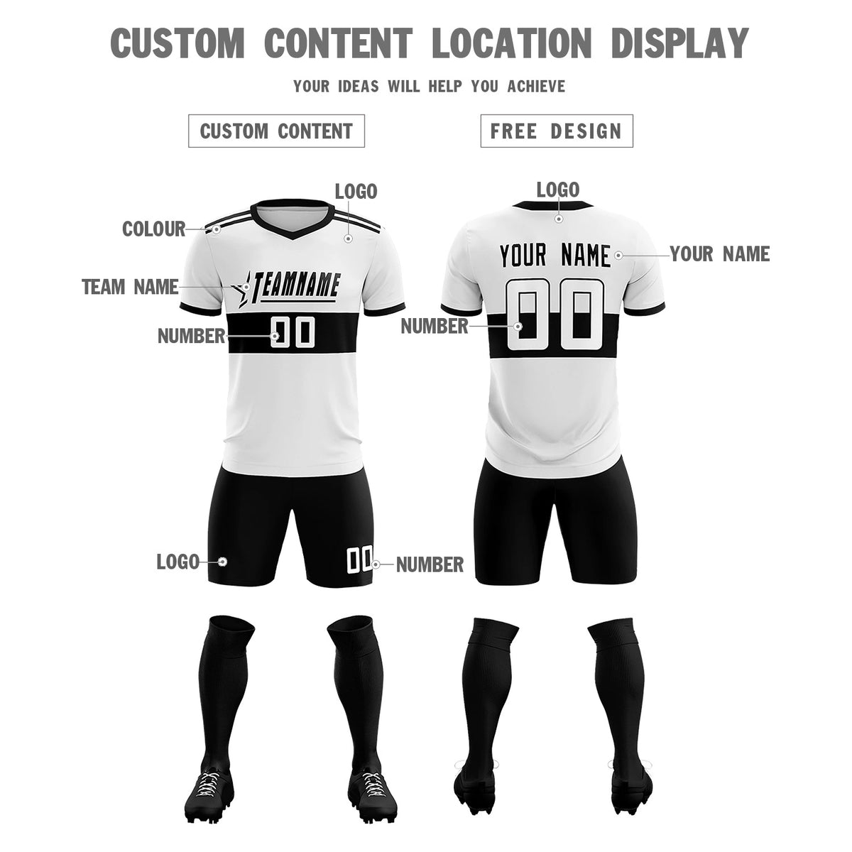 Custom White Black Breathable Soccer Sets Jersey