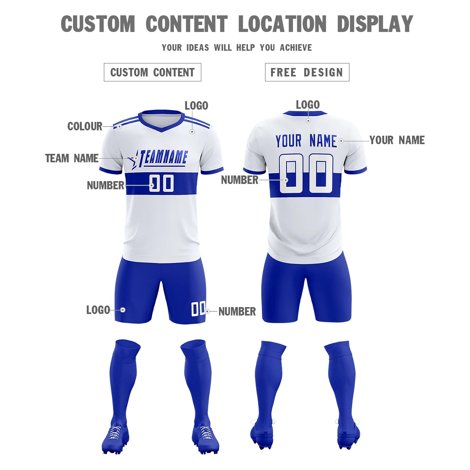 Custom White-Royal Blue Breathable Soccer Sets Jersey