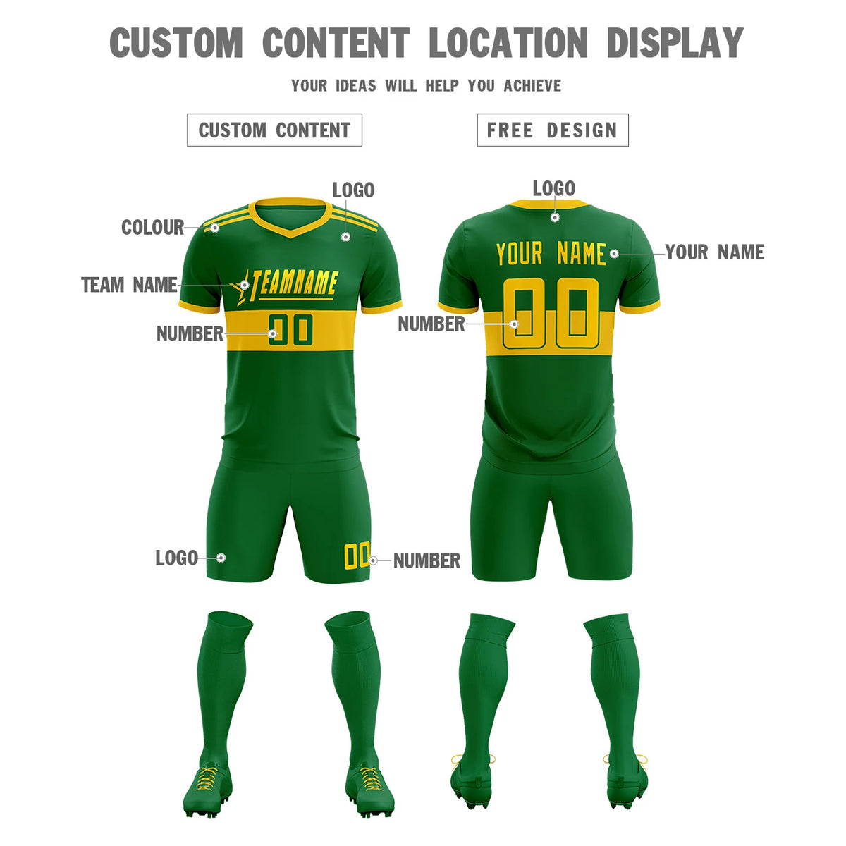 Custom Kelly Green-Gold 01 Breathable Soccer Sets Jersey