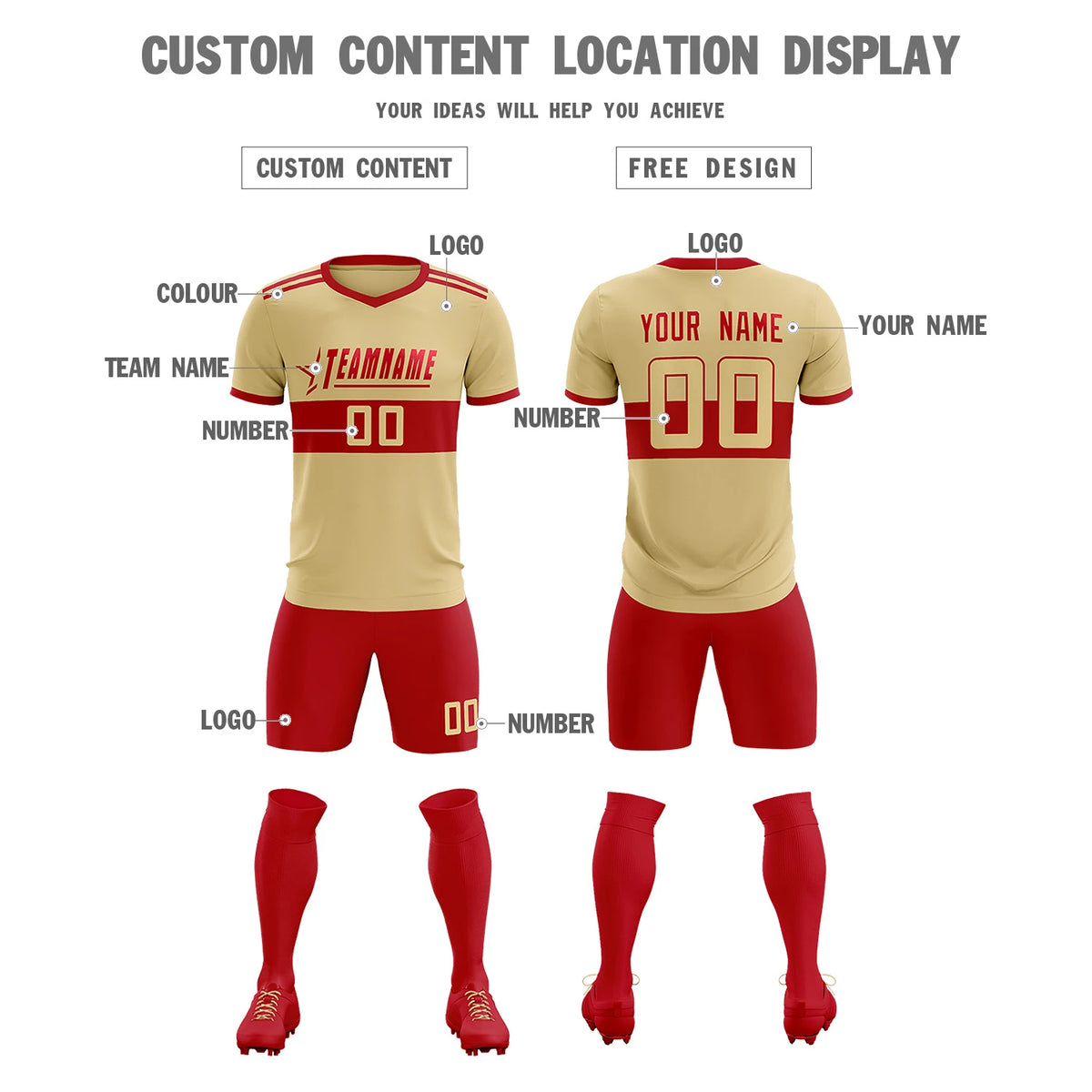 Custom Khaki Red Breathable Soccer Sets Jersey