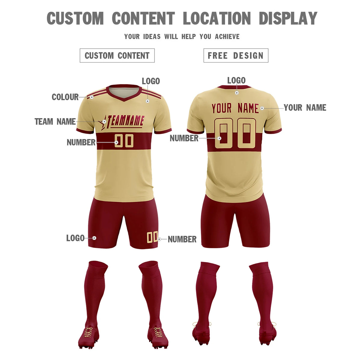 Custom Khaki Crimson Breathable Soccer Sets Jersey