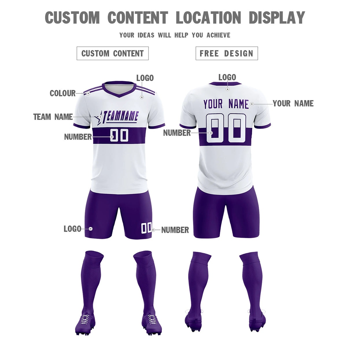 Custom White Purple Breathable Soccer Sets Jersey