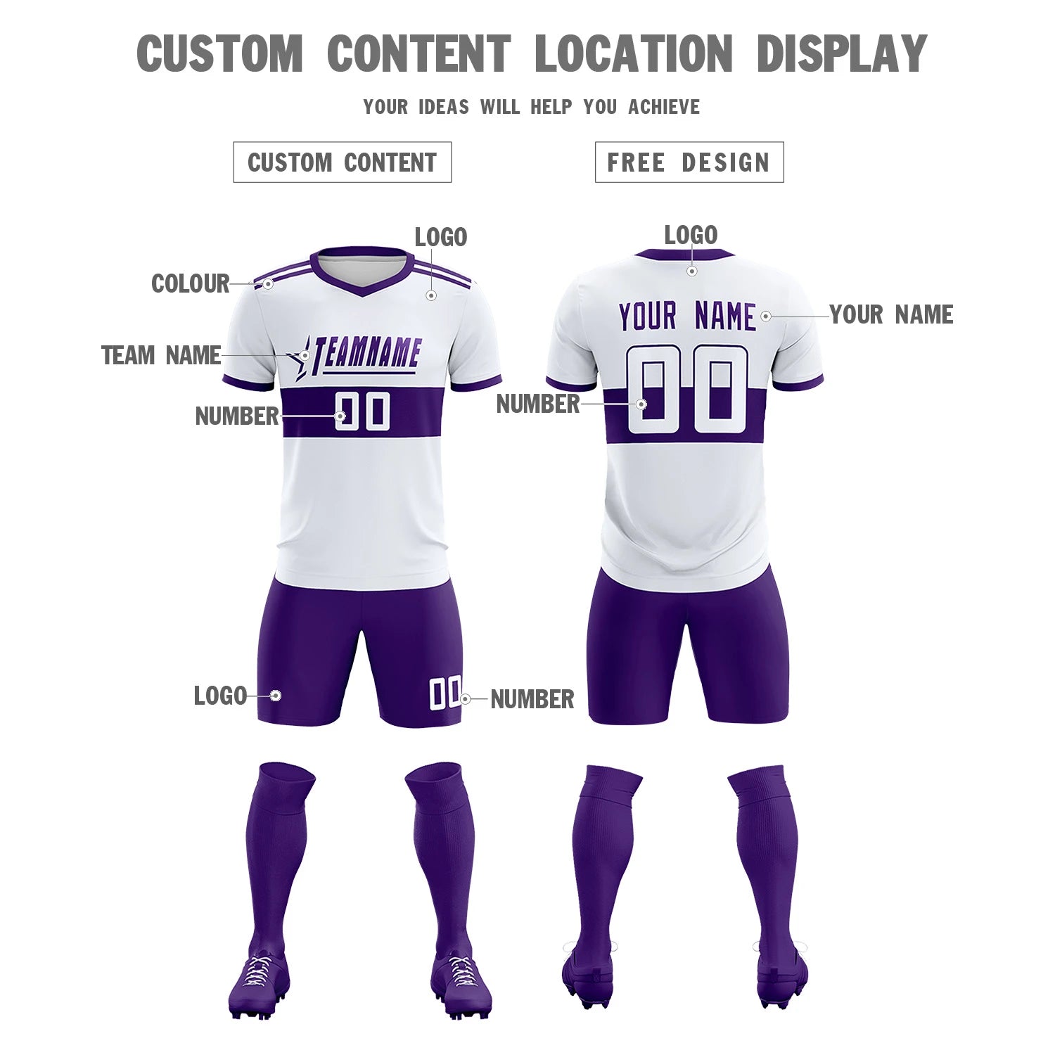 Custom White Purple Breathable Soccer Sets Jersey