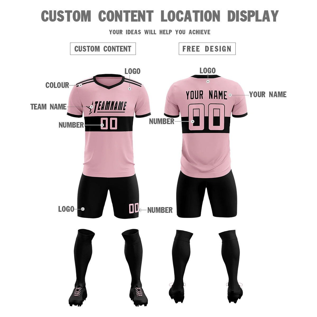 Custom Light Pink-Black Breathable Soccer Sets Jersey
