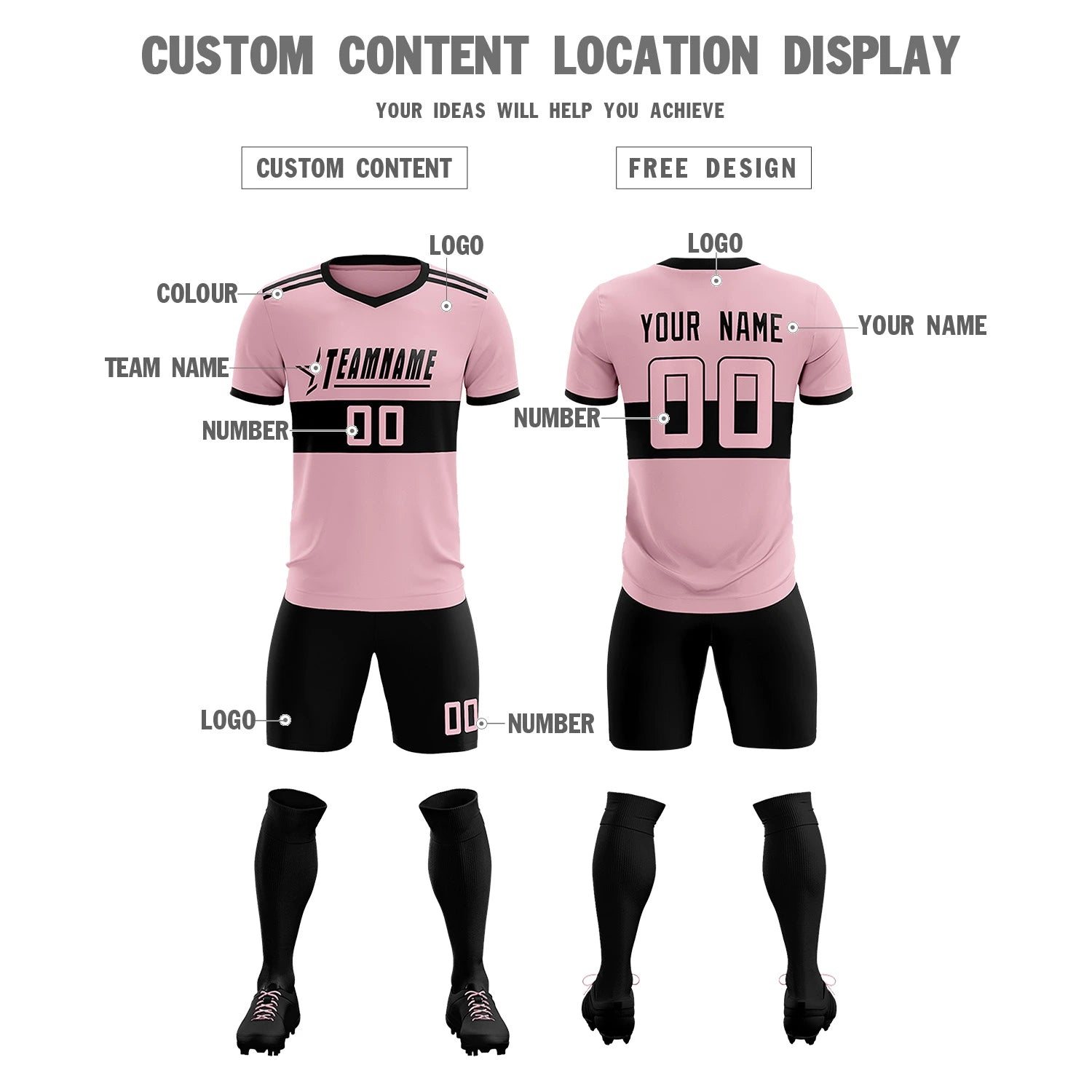Custom Light Pink-Black Breathable Soccer Sets Jersey