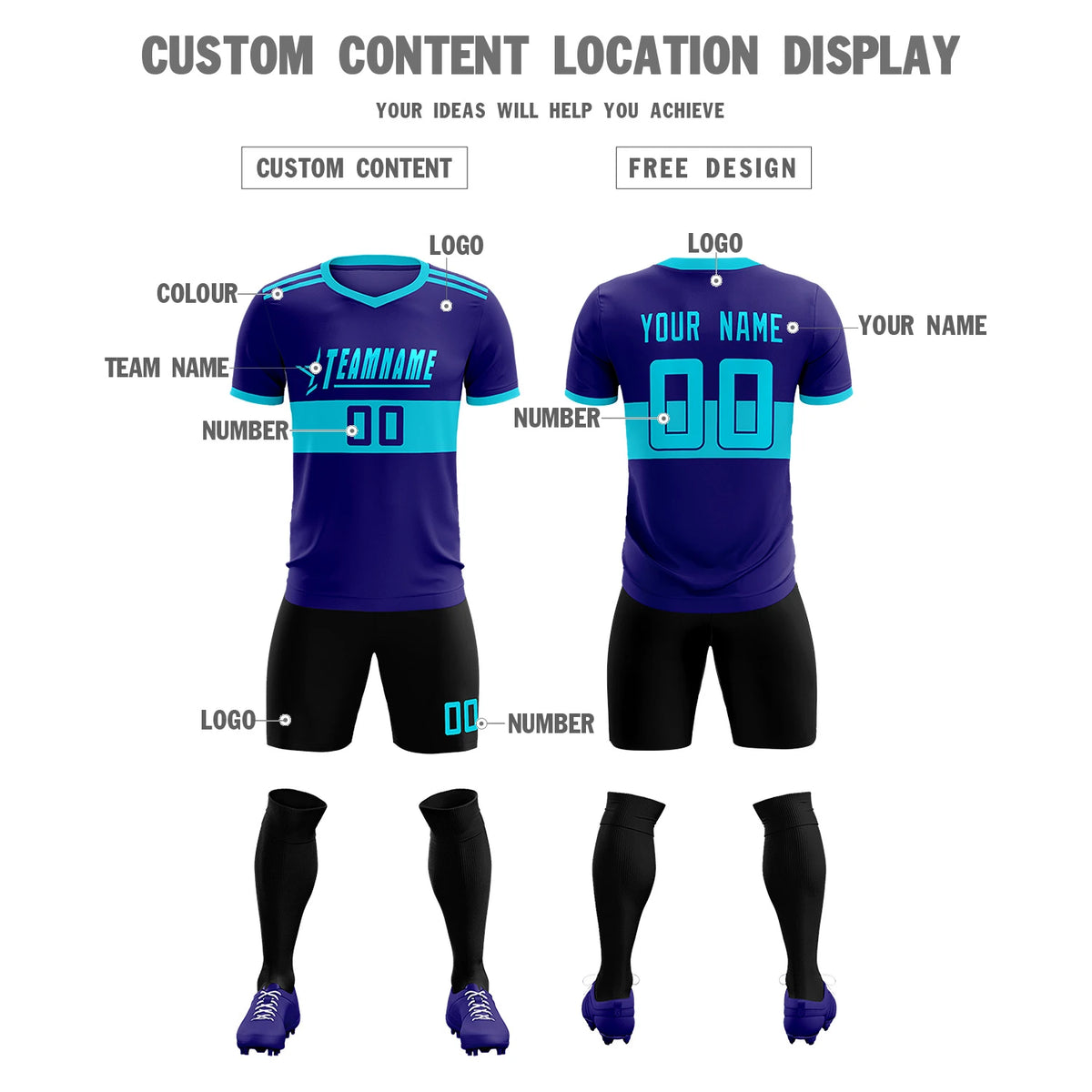 Custom Purple Black Breathable Soccer Sets Jersey