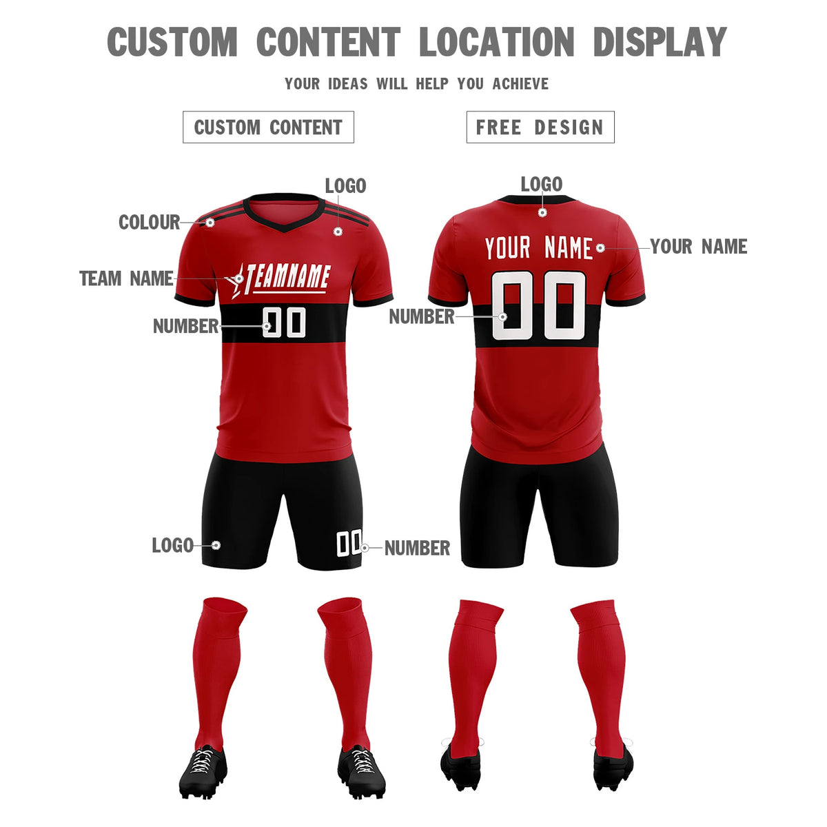 Custom Red Black Breathable Soccer Sets Jersey