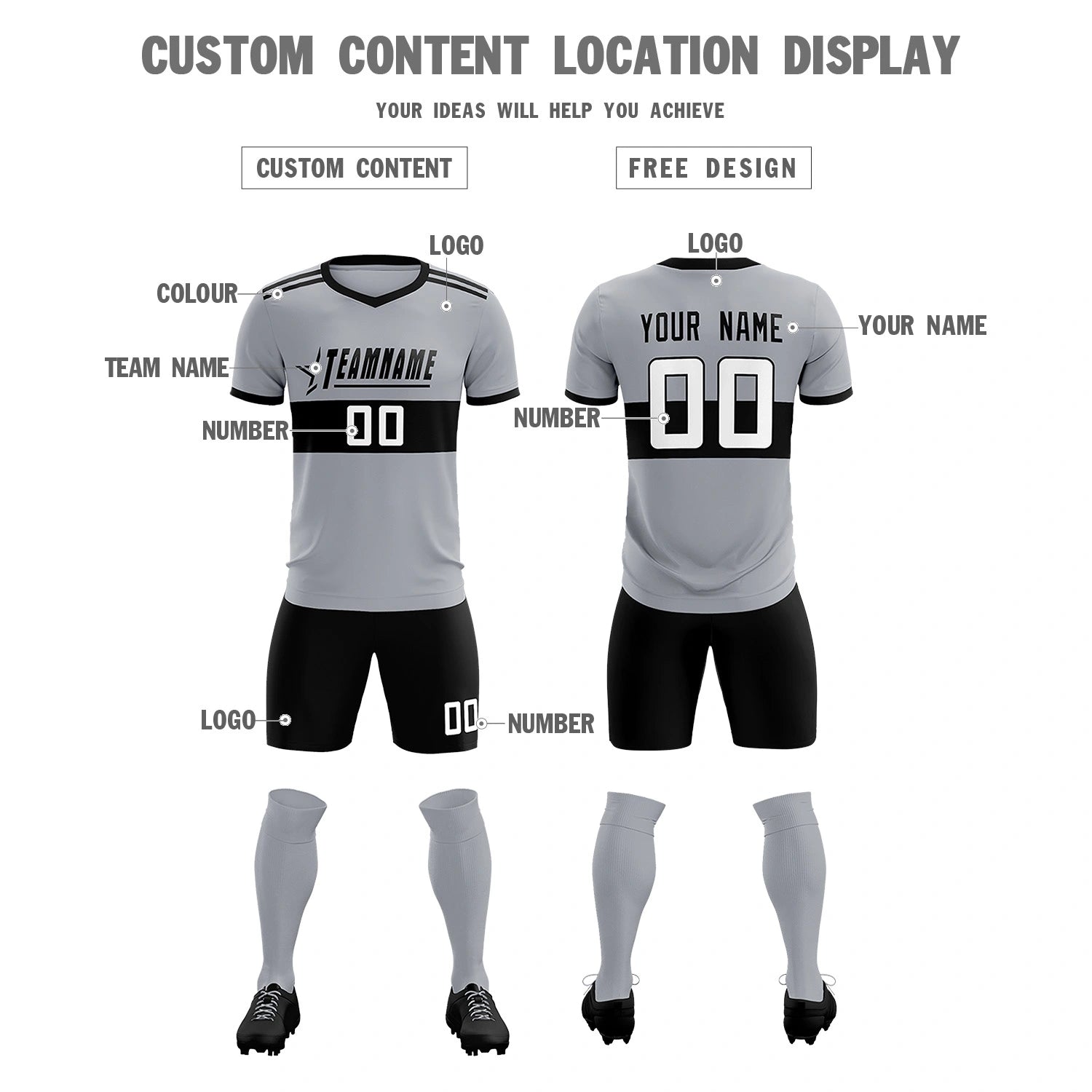 Custom Gray Black Breathable Soccer Sets Jersey