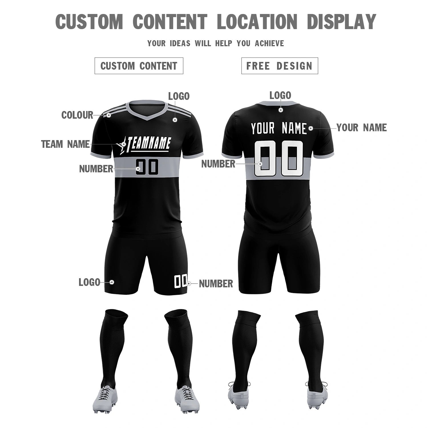 Custom Black Gray Breathable Soccer Sets Jersey