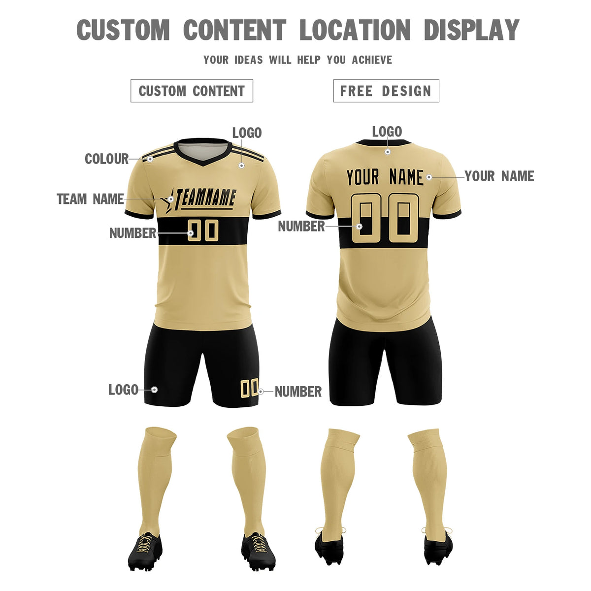 Custom Khaki Black Breathable Soccer Sets Jersey
