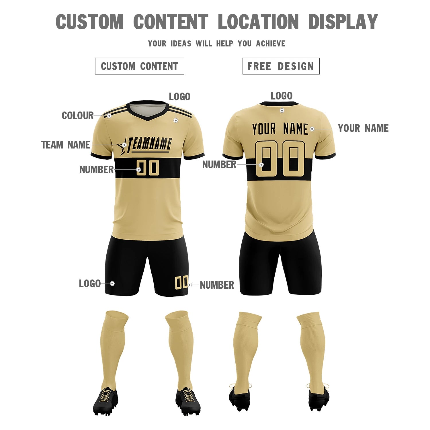 Custom Khaki Black Breathable Soccer Sets Jersey