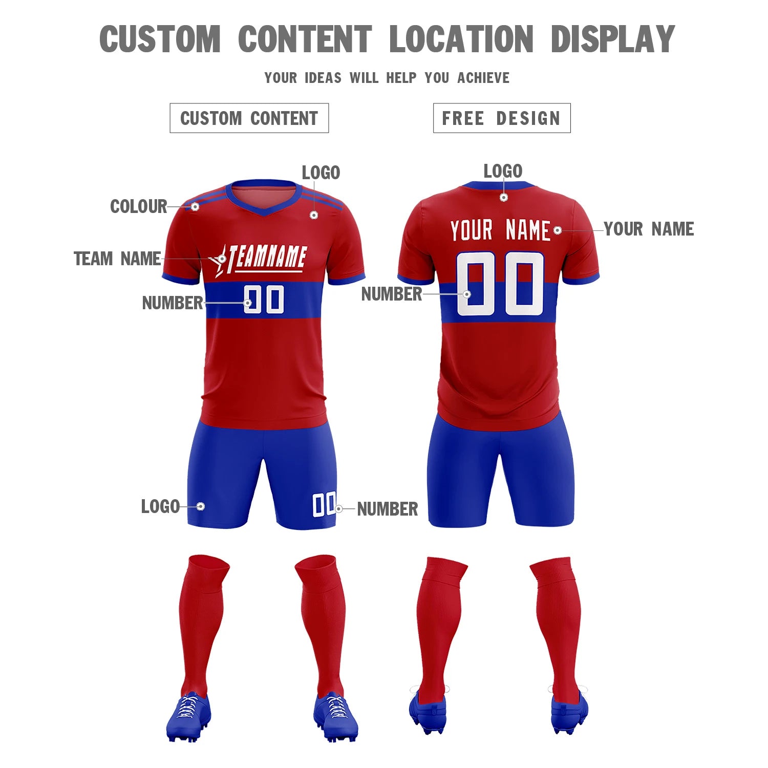 Custom Red-Royal Blue Breathable Soccer Sets Jersey