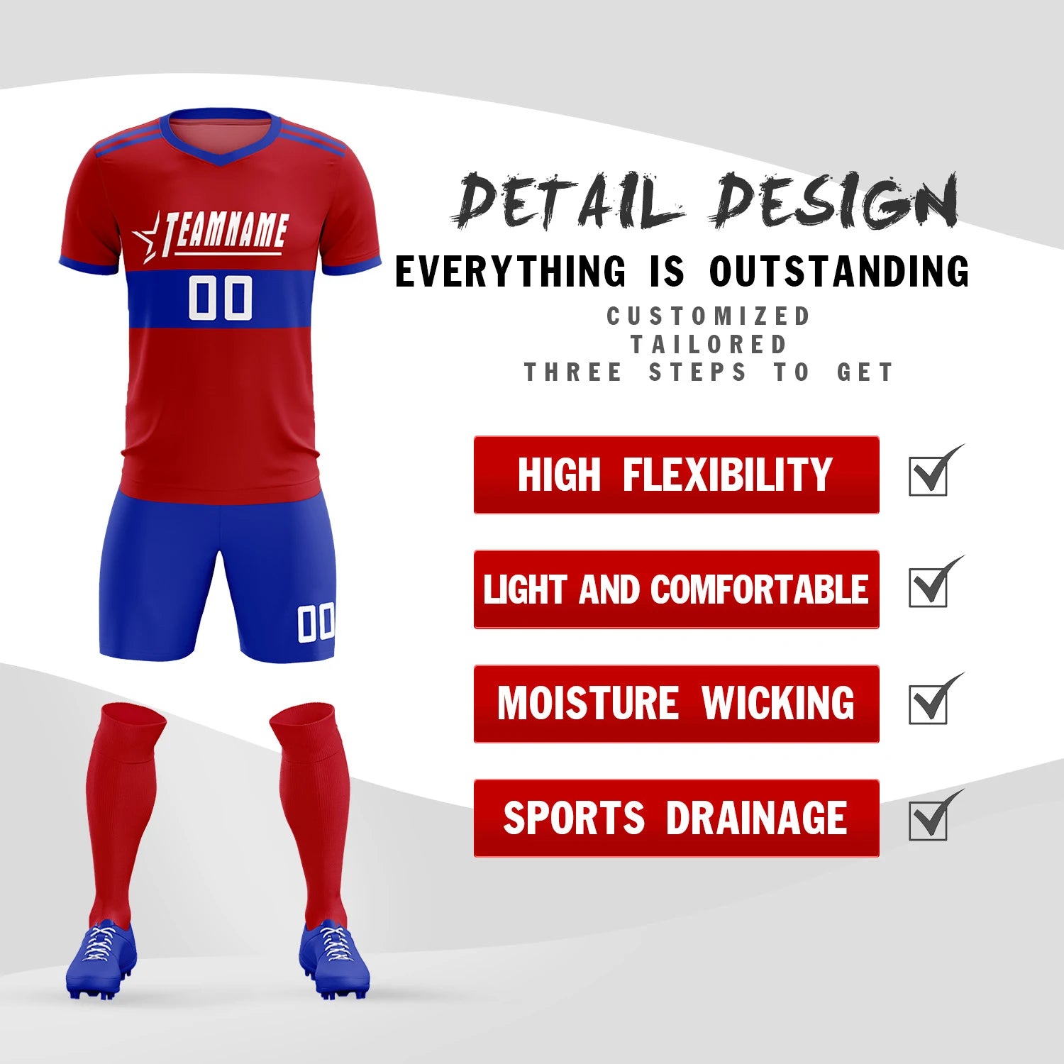Custom Red-Royal Blue Breathable Soccer Sets Jersey