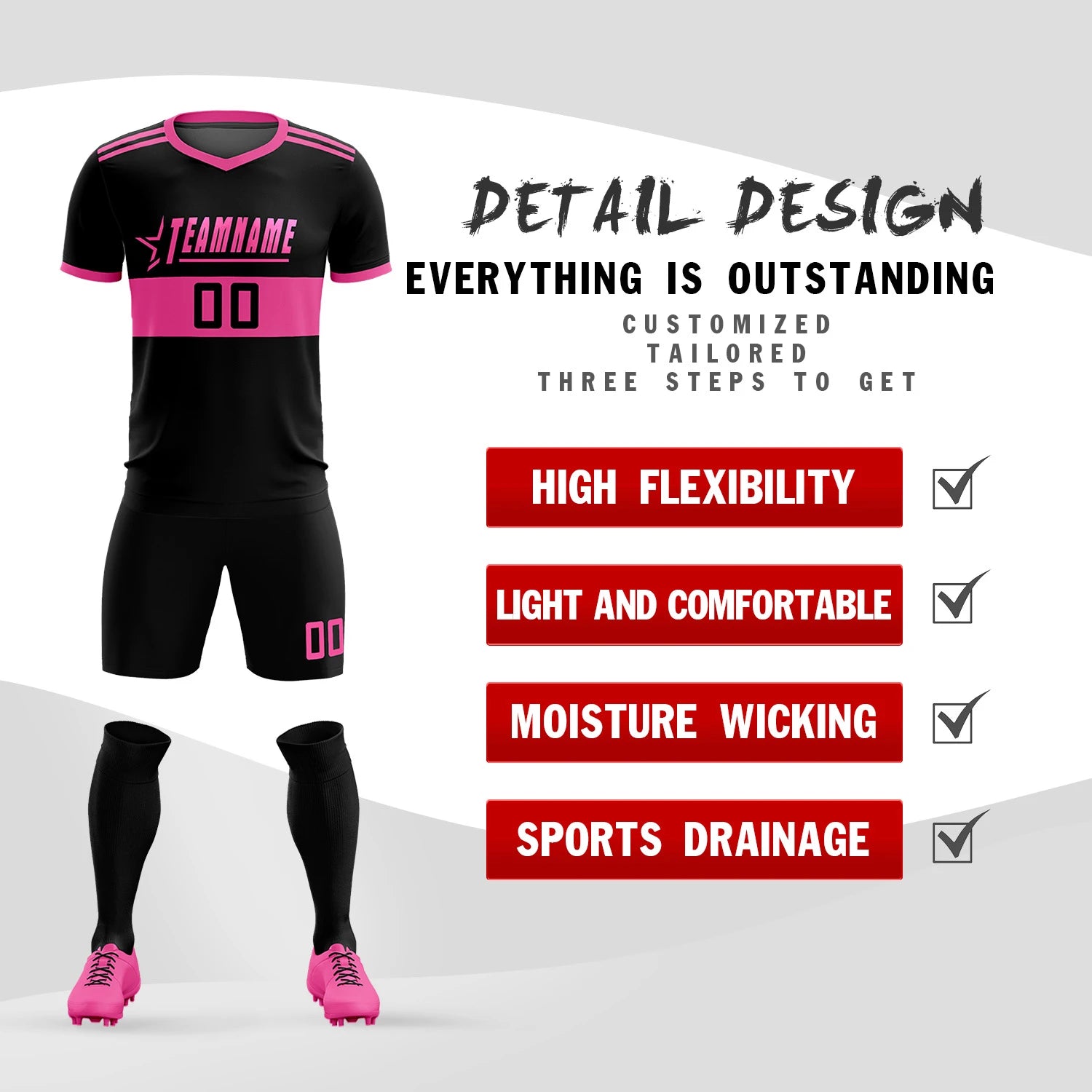 Custom Black Pink Breathable Soccer Sets Jersey