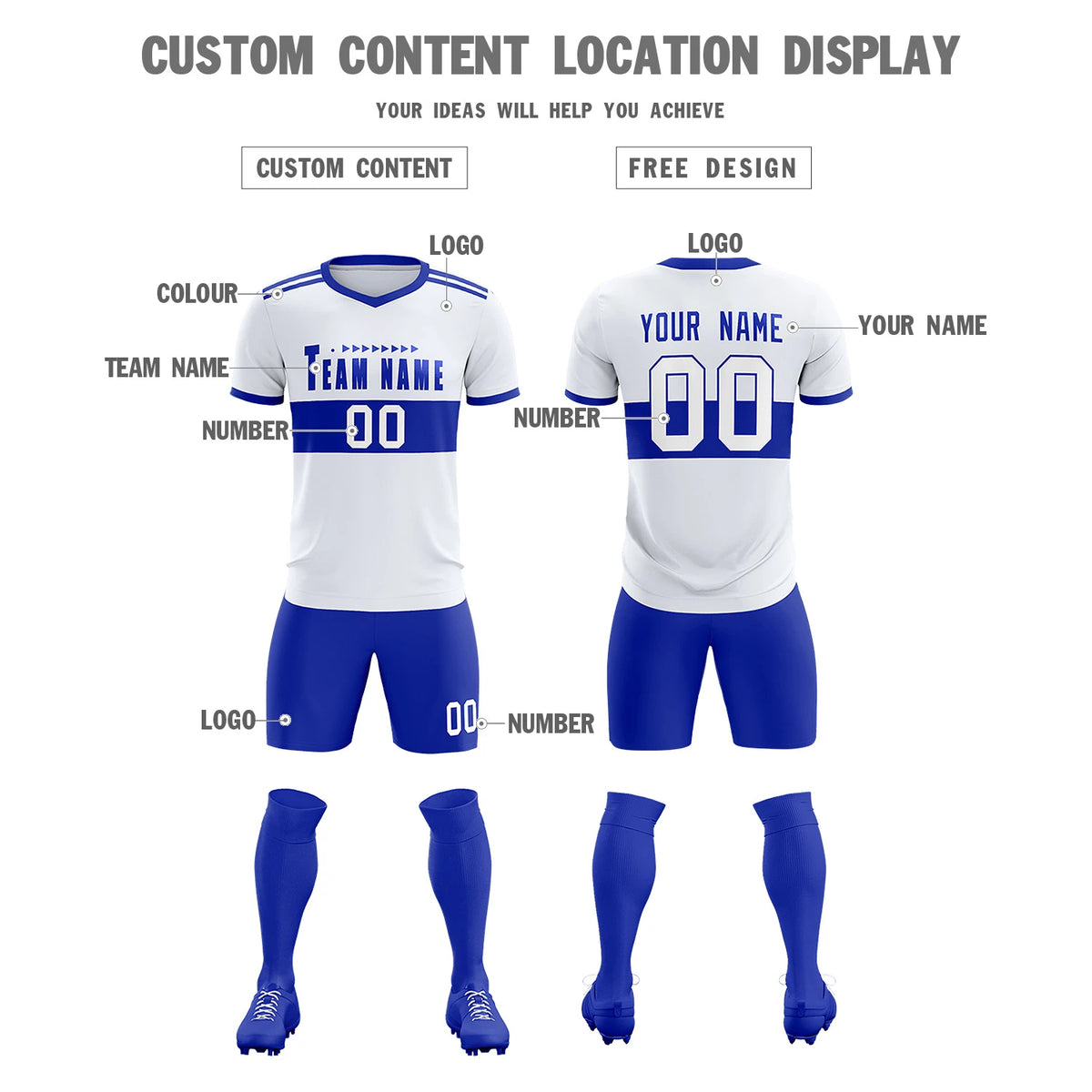 Custom White-Royal Blue Breathable Soccer Sets Jersey