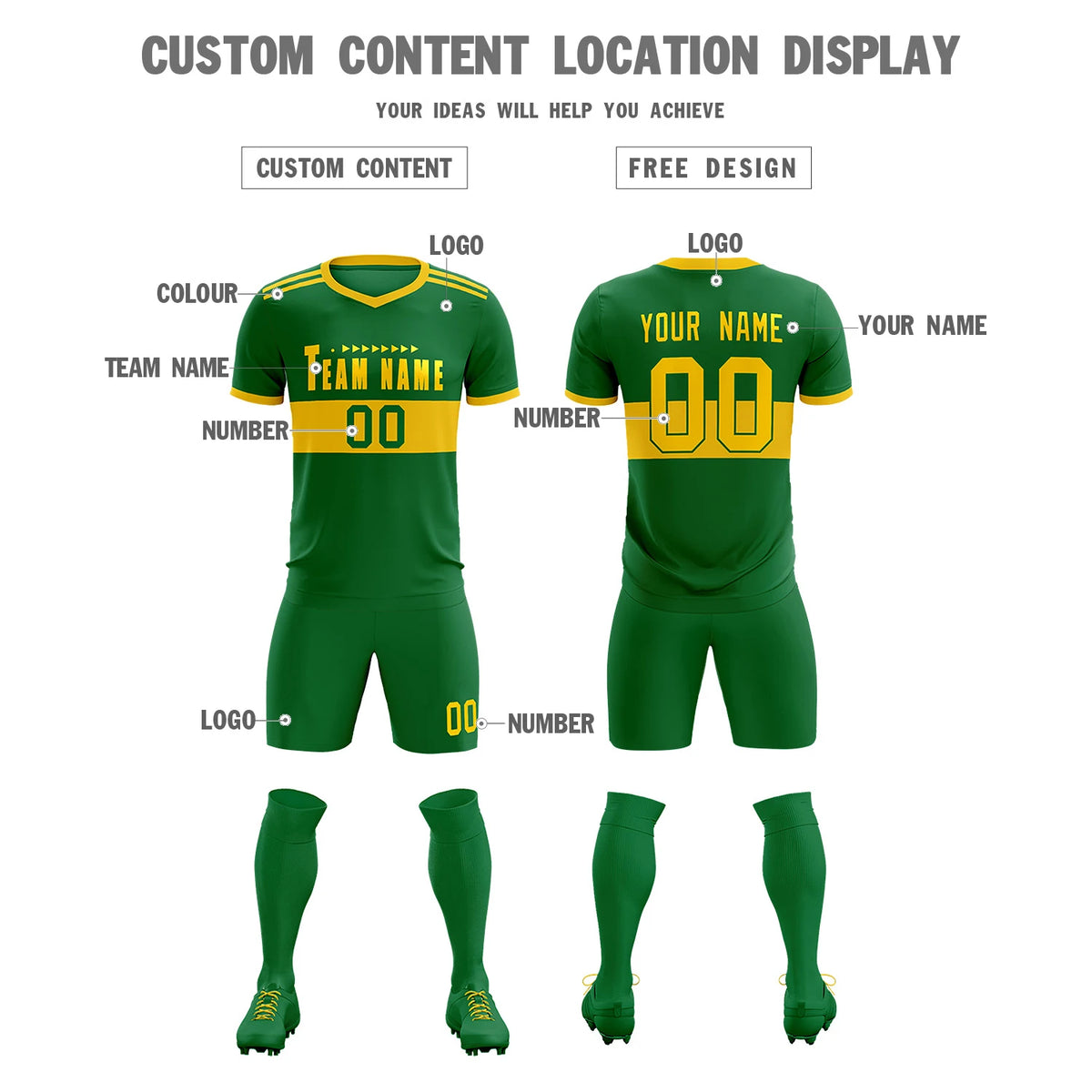 Custom Kelly Green-Gold 01 Breathable Soccer Sets Jersey