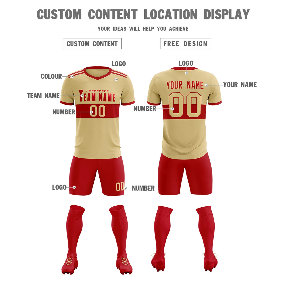 Custom Khaki Red Breathable Soccer Sets Jersey
