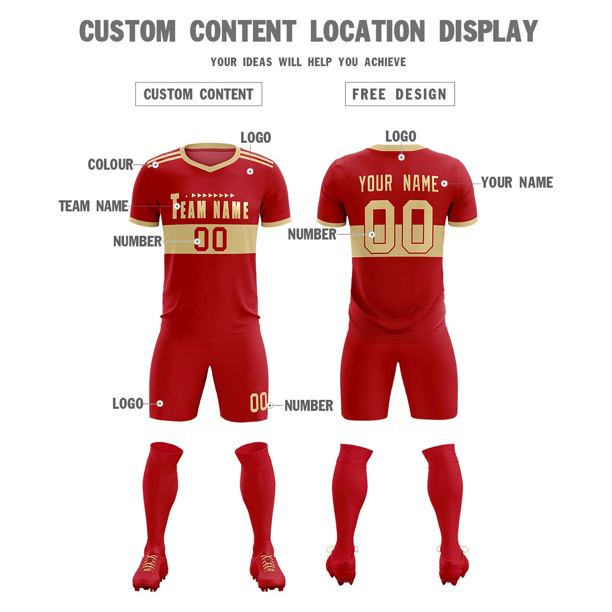Custom Red Khaki Breathable Soccer Sets Jersey
