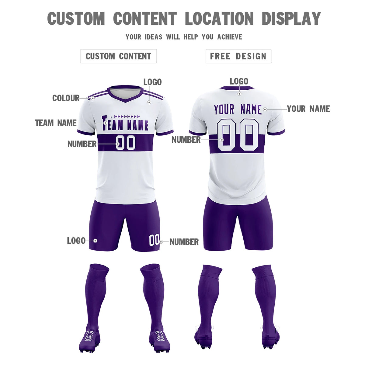 Custom White Purple Breathable Soccer Sets Jersey