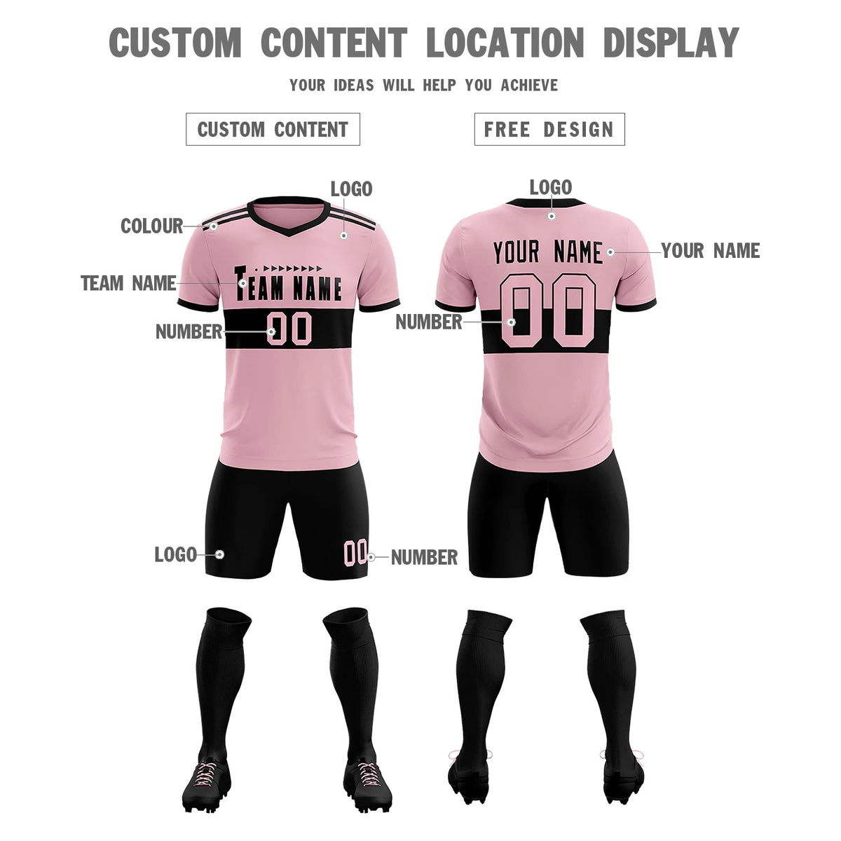 Custom Light Pink-Black Breathable Soccer Sets Jersey