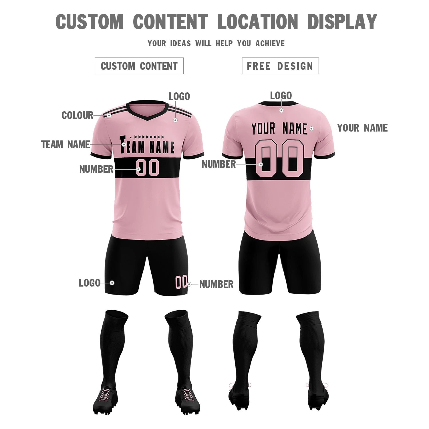 Custom Light Pink-Black Breathable Soccer Sets Jersey