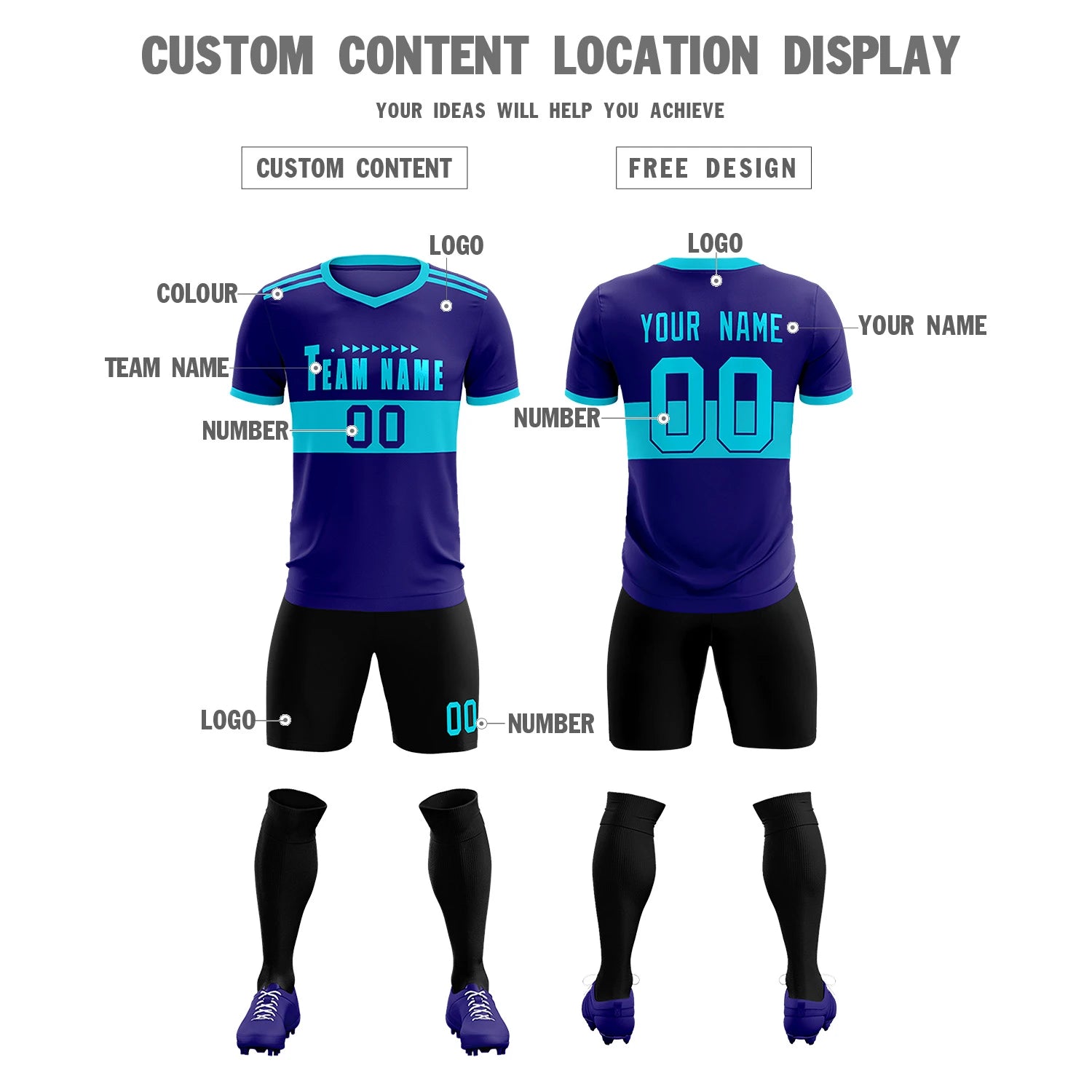 Custom Purple Black Breathable Soccer Sets Jersey