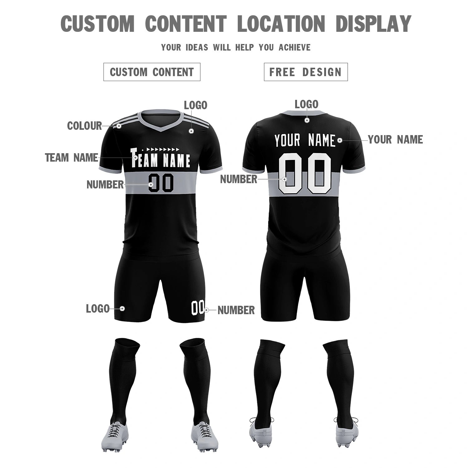 Custom Black Gray Breathable Soccer Sets Jersey