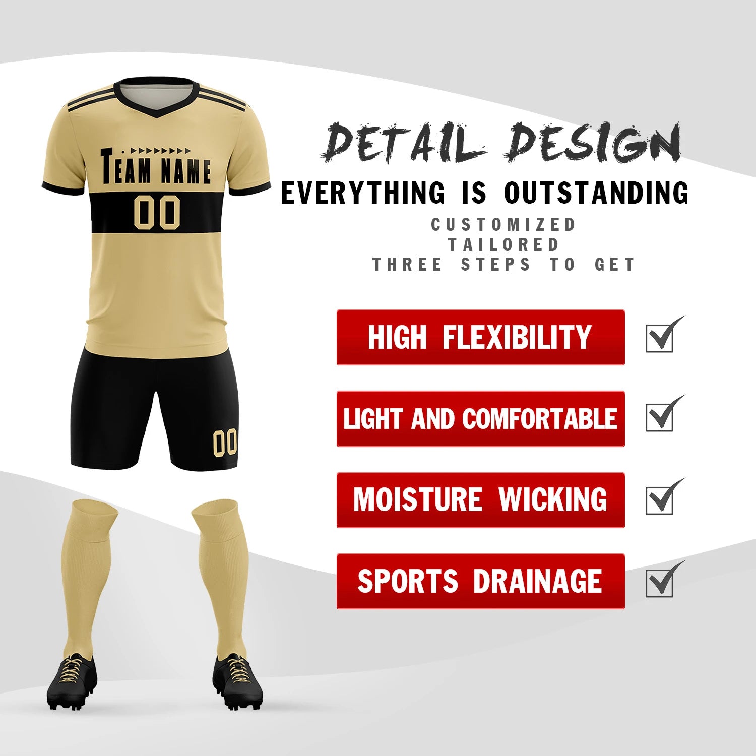 Custom Khaki Black Breathable Soccer Sets Jersey