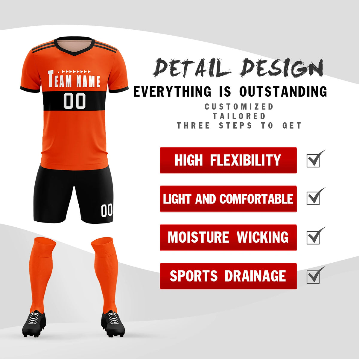 Custom Orange Black Breathable Soccer Sets Jersey