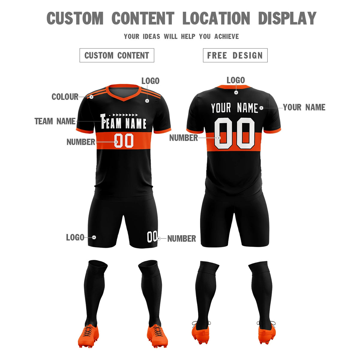 Custom Black Orange Breathable Soccer Sets Jersey