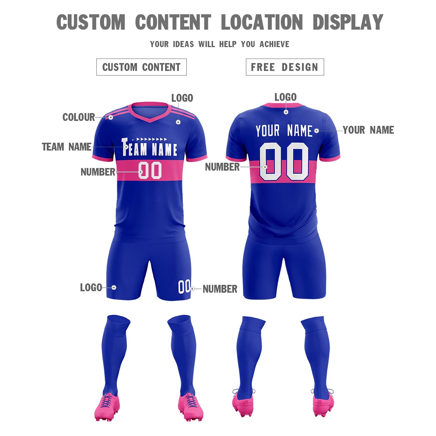 Custom Royal Blue-Pink Breathable Soccer Sets Jersey