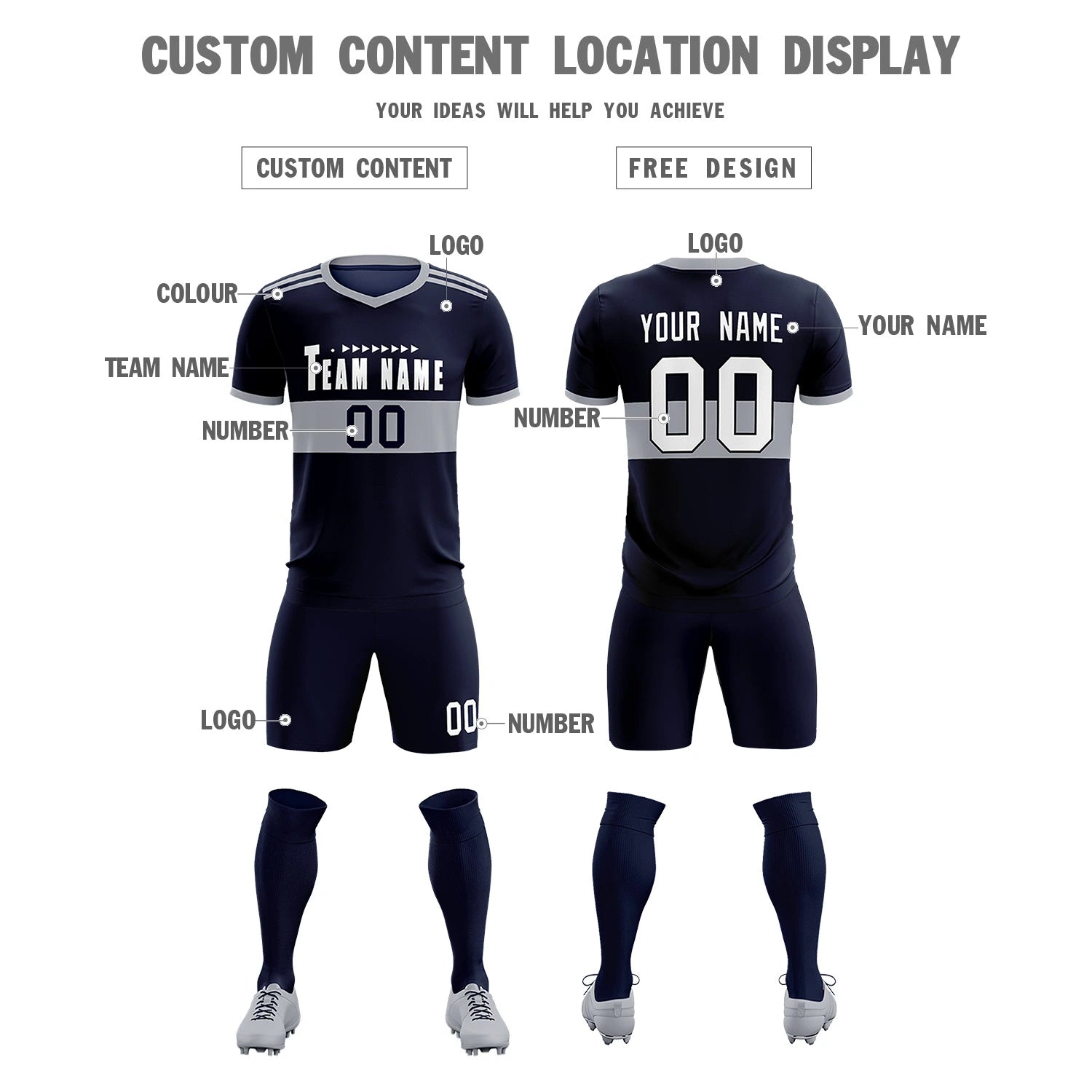 Custom Navy Gray Breathable Soccer Sets Jersey
