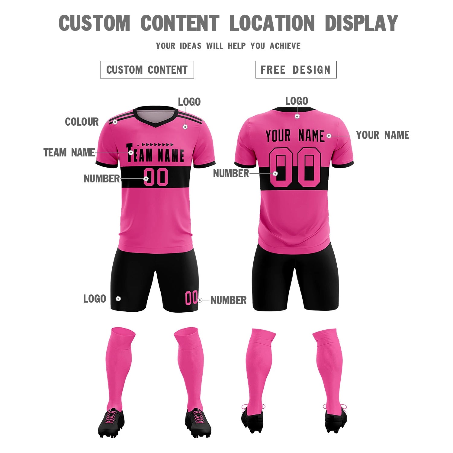 Custom Pink Black Breathable Soccer Sets Jersey