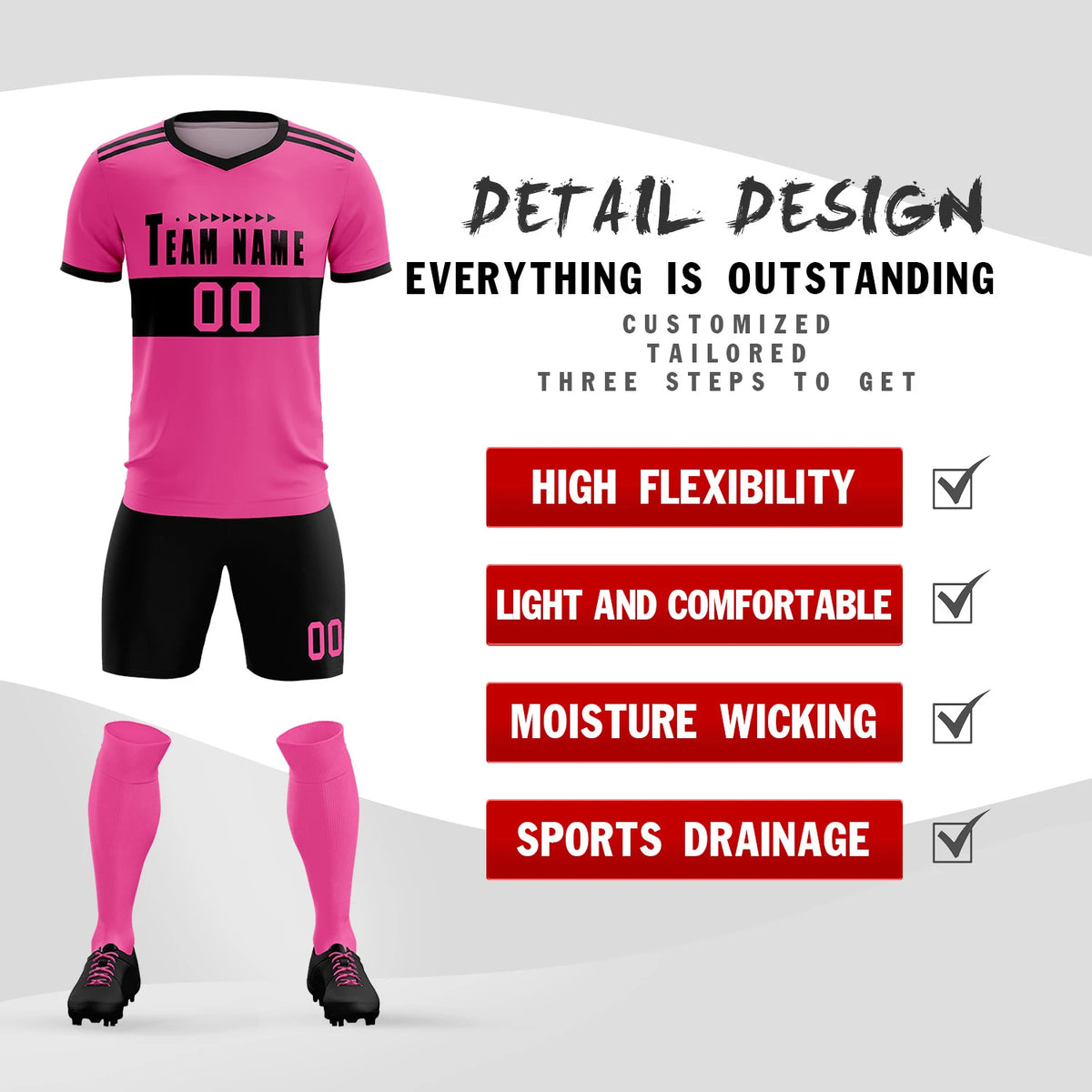 Custom Pink Black Breathable Soccer Sets Jersey