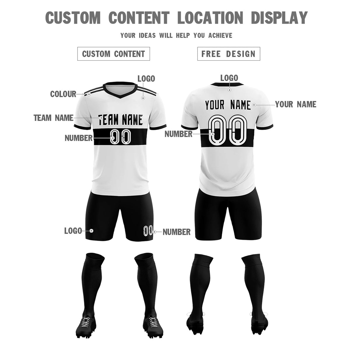 Custom White Black Breathable Soccer Sets Jersey