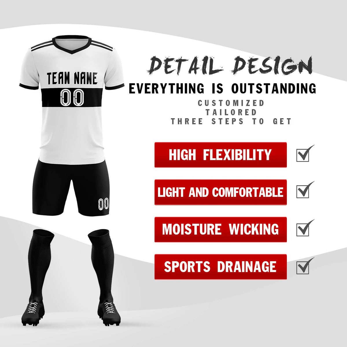 Custom White Black Breathable Soccer Sets Jersey