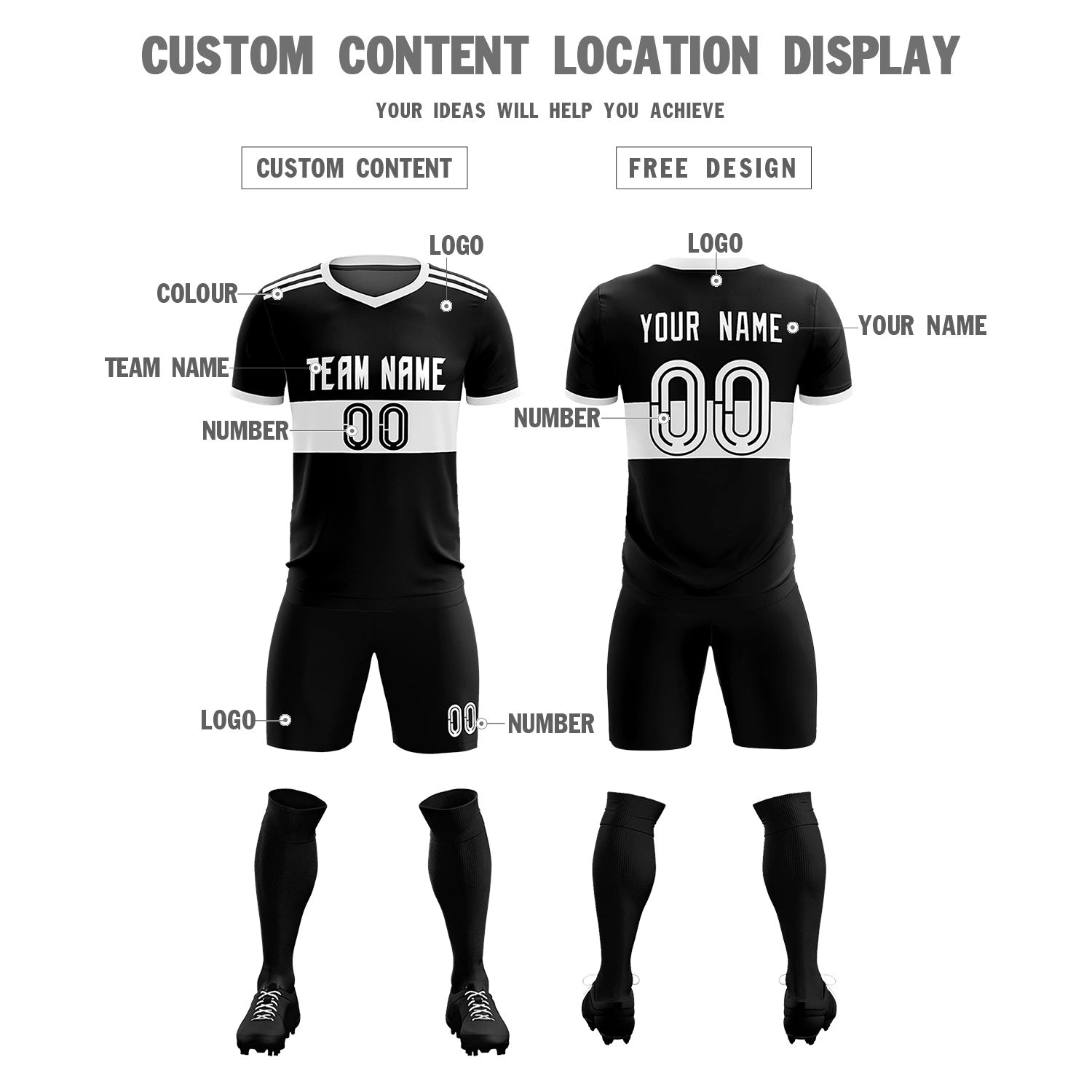 Custom Black White Breathable Soccer Sets Jersey