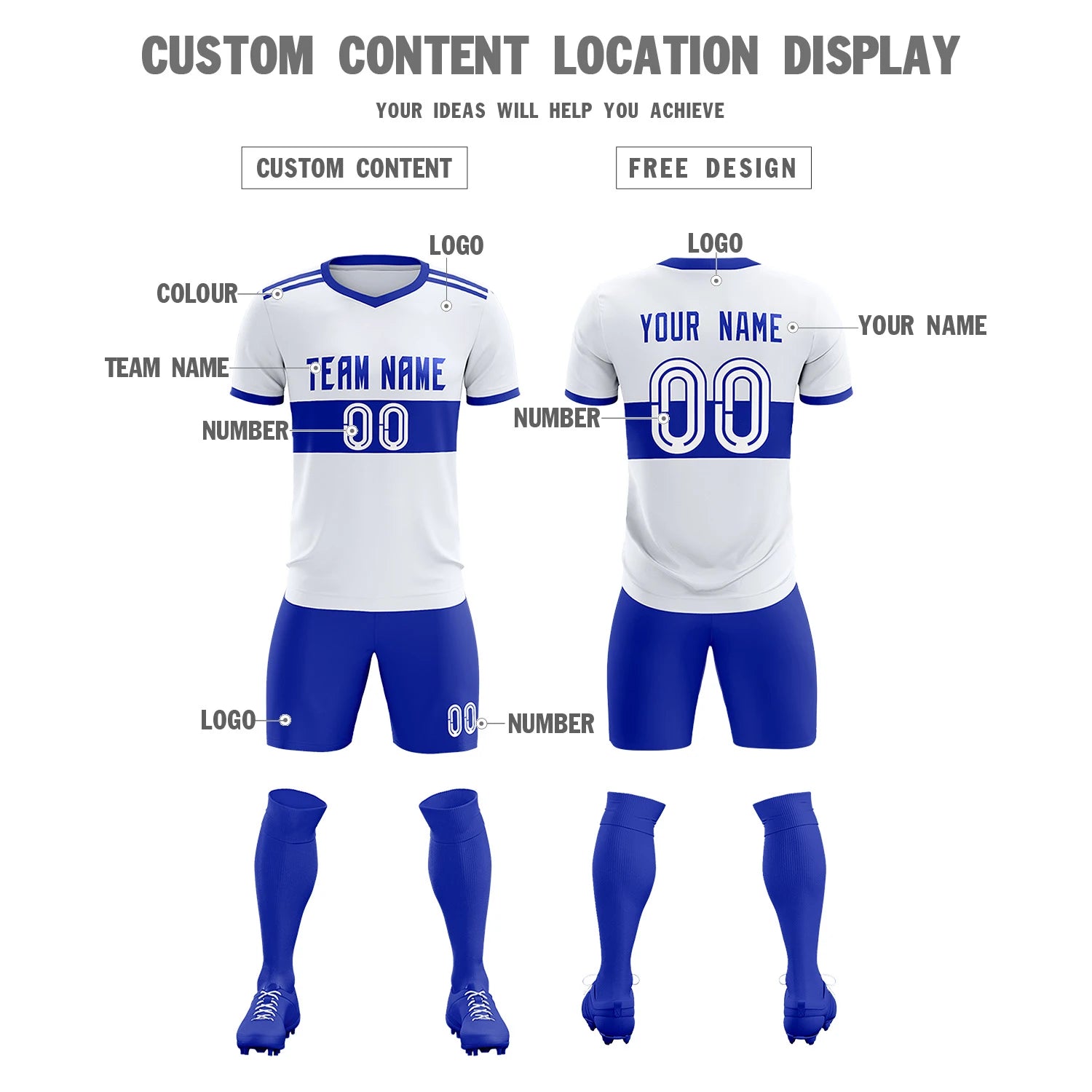 Custom White-Royal Blue Breathable Soccer Sets Jersey
