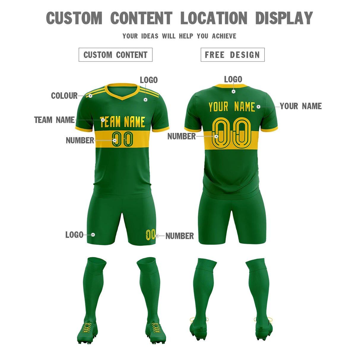 Custom Kelly Green-Gold 01 Breathable Soccer Sets Jersey
