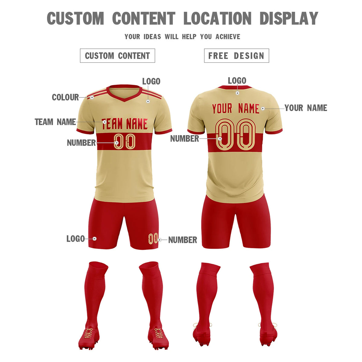 Custom Khaki Red Breathable Soccer Sets Jersey